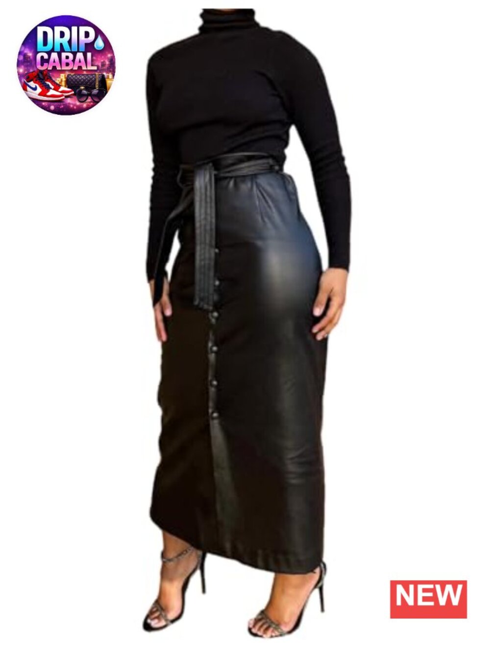 Faux PU Leather Maxi Long Skirt with Belt Button Down Slit Pencil Skirt
